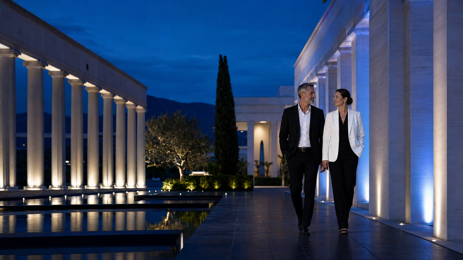Couple walking a colonnade courtyard at dusk